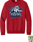 Red crewneck sweatshirt with front pouch pocket and blue Tiger graphic