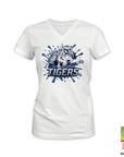 V-neck t-shirt in white with Tiger mascot graphic and “TIGERS” logo on chest