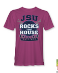 Purple unisex crewneck T-shirt with JSU Rocks the House front graphic
