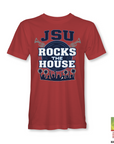 Red unisex crewneck T-shirt with JSU Rocks the House front graphic