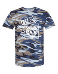 Blue woodland camo unisex crewneck T-shirt with Tigergram face and 1871 badge graphic