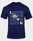 Navy blue short-sleeve T-shirt with stacked LOVE text and tiger emblem graphic
