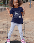 Navy blue short-sleeve T-shirt with stacked LOVE lettering and tiger graphic on front