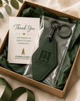 Junior League engraved motel keychain packaged in gift box with thank you card and green tissue paper