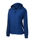 Women’s hooded zip-front raglan jacket, true royal blue with drawstring hood and side profile
