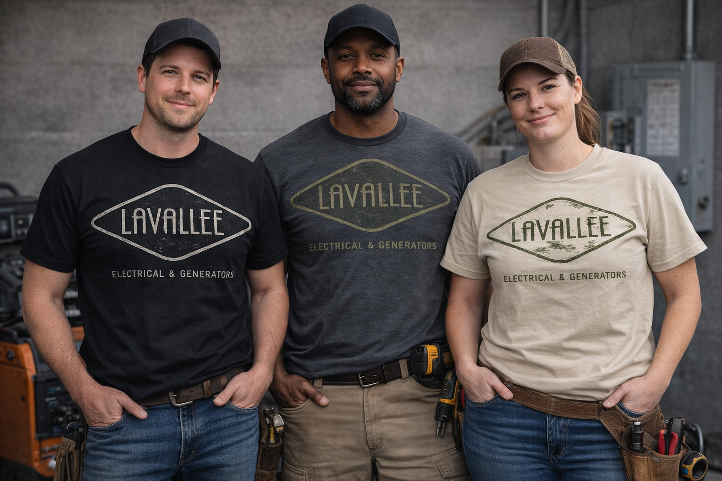 Three individuals wearing Lavallee Electrical & Generators shirts in a workshop setting.