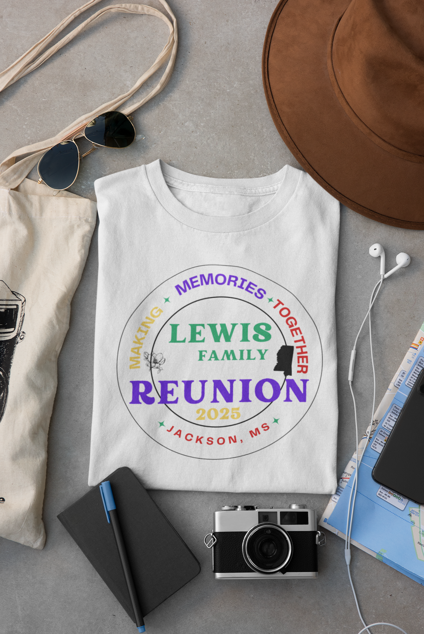 Lewis Family Reunion 2025 white t-shirt flat lay