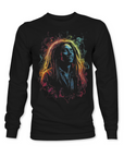 Black long-sleeve sweatshirt with colorful graphic portrait on the front