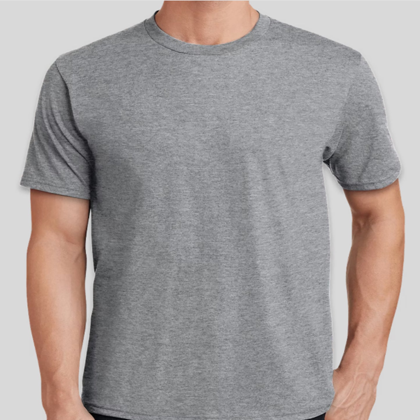 Gray t-shirt worn by a person on a light gray background