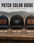 Three customizable hats with leather patches on a wooden surface, featuring text for patch color guide.
