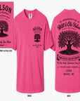 Pink Nelson family reunion T-shirt with tree graphic on front and back text