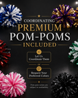 Coordinating premium pom-poms in multiple colors, shown with blue and gold accents