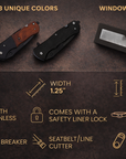 Pocket knife window display box with belt clip and safety liner lock, bottle/can opener