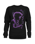 Black sweatshirt with purple portrait graphic