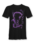 Black short-sleeve T-shirt with purple portrait graphic