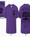 Purple Nelson family reunion T-shirt with tree graphic on front and back text