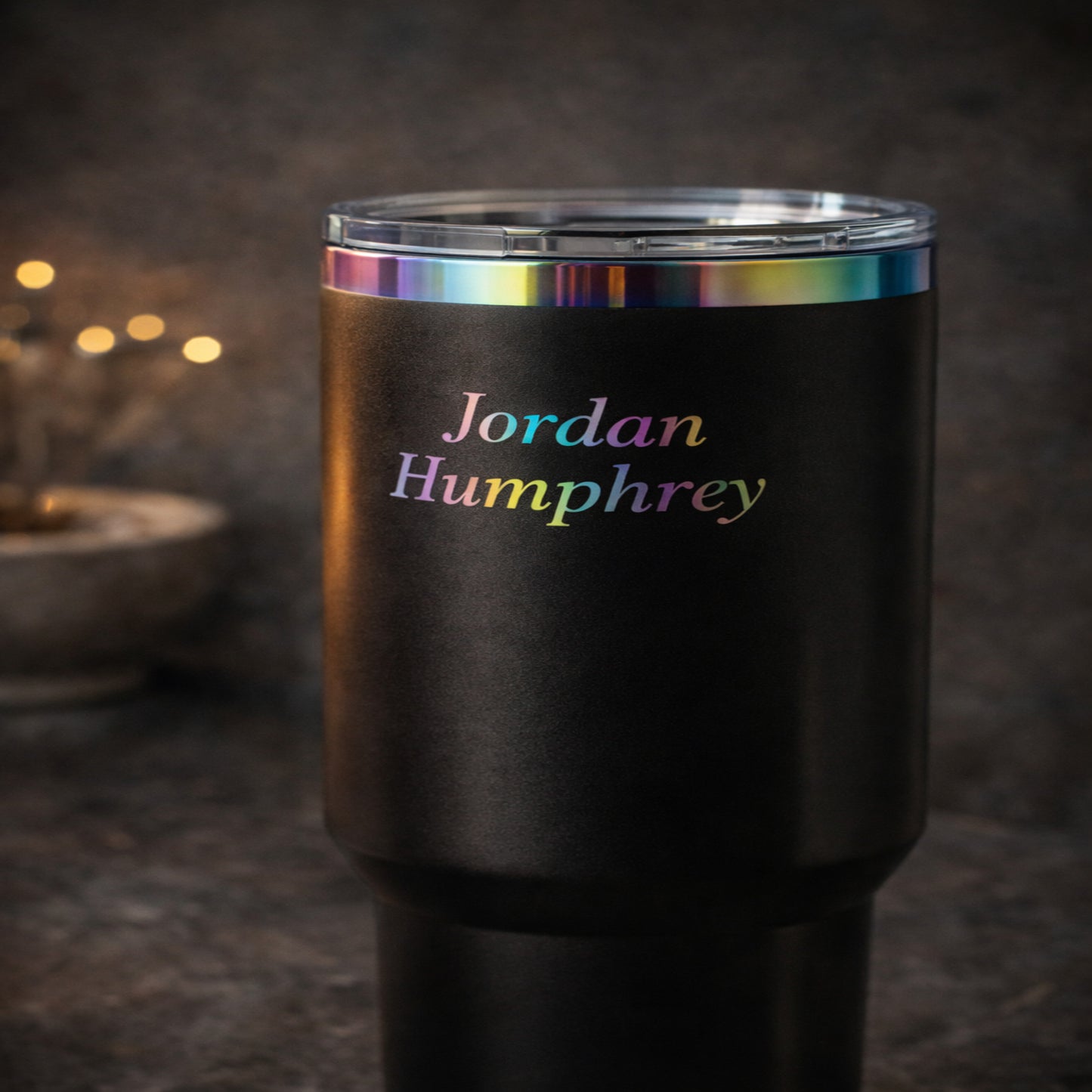 Rainbow Plate tumbler showing iridescent engraving