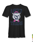 Black T-shirt with 1977 Tigers tiger head and pink ribbon graphic