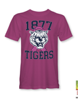 Burgundy T-shirt with 1977 Tigers tiger head and pink ribbon graphic