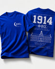Front and back view of Phi Beta Sigma 1914 t-shirt featuring distressed collegiate artwork and Howard University illustration