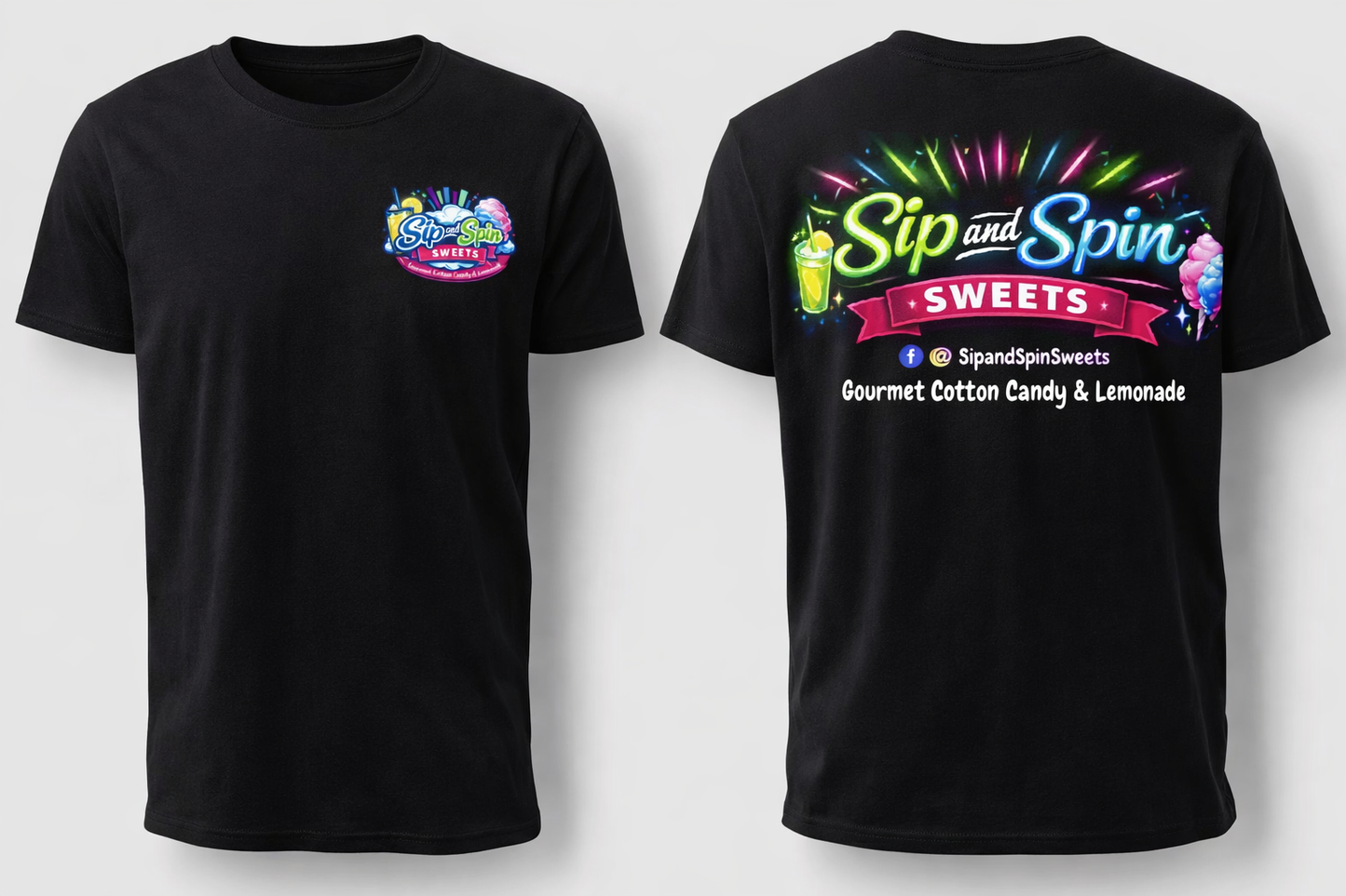 Black t-shirt with 'Sip and Spin Sweets' branding on a white background