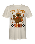 White short-sleeve T-shirt with cartoon turkey and 'BRUH' graphic