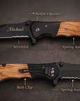 Pocket knife with natural wood handle, serrated edge, spring assist, bottle opener