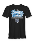 Black t-shirt with 'The Legacy Continues' text and Jackson State University logo on a white background