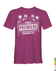 Purple/magenta short-sleeve T-shirt with large “THEE PREMIERE” front event graphic