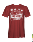 Red short-sleeve T-shirt with large “THEE PREMIERE” front event graphic
