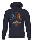Thee Showdown graphic pullover hoodie, navy blue with wolf head lightning and flame print