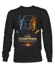 Thee Showdown graphic long sleeve crewneck tee, black with wolf head lightning and flame