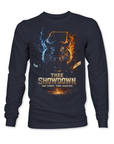 Thee Showdown graphic long sleeve crewneck tee, navy blue with wolf head lightning and flame