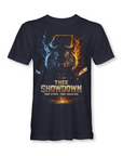 Thee Showdown graphic short sleeve t-shirt, navy blue with wolf head lightning and flame print