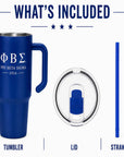 Blue tumbler with lid and straw, featuring Phi Beta Sigma logo, on a white background.