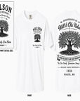 White Nelson family reunion T-shirt with tree graphic on front and back text