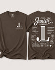 Junior League Women Who Build Comfort Colors 1717 t-shirt in Espresso featuring a white front chest logo and oversized empowerment graphic on the back