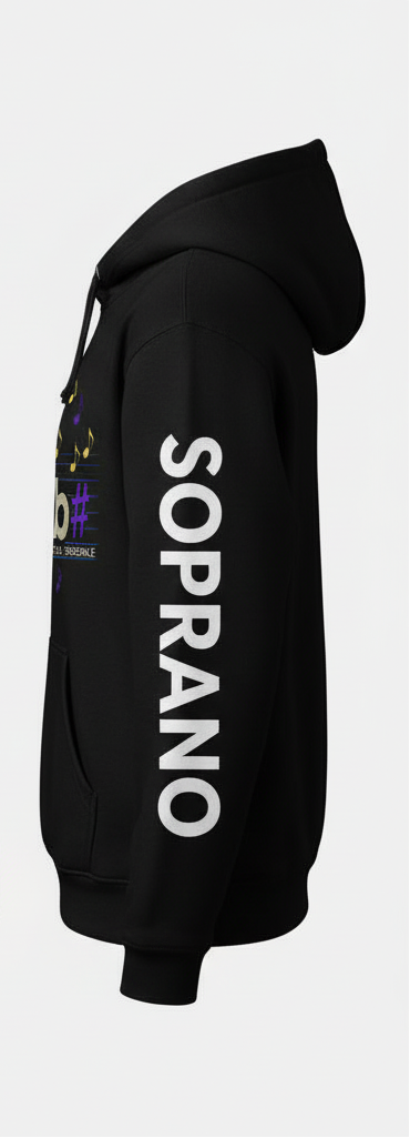 Black hoodie with musical design and 'Soprano' text on a white background