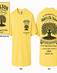 Yellow Nelson family reunion T-shirt: front tree logo, back large tree with reunion text