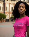 Pink crew-neck short-sleeve T-shirt with blue Tigers university graphic, model wearing it