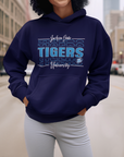 Navy pullover hoodie with front Tigers graphic and drawstring hood, kangaroo pocket