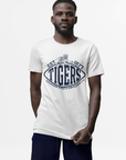 White crew neck short-sleeve T-shirt with TIGERS and EST. 1877 graphic.