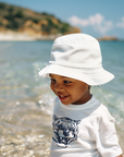 White infant t-shirt one-piece with blue tiger head front graphic