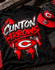 Black Clinton Arrows graffiti T-shirt styled with matching black camo and scarlet snapback cap