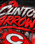 Close-up detail of Clinton Arrows distressed red white and black DTF shirt design