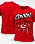 Clinton Arrows graffiti T-shirt in scarlet red, front and blank back view