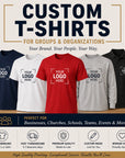 Promotional image of customizable t-shirts with text about custom options for groups and organizations.