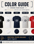 Color guide for customizable apparel with black, white, navy, sport grey, and red t-shirts.