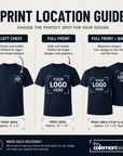 Print location guide for t-shirts with different design placements on a navy blue shirt.