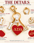 Delta Pi Chapter bag charm details showing flat crimson ΔΣΘ enamel heart, white ΔΠ charm, lobster clasp and key ring